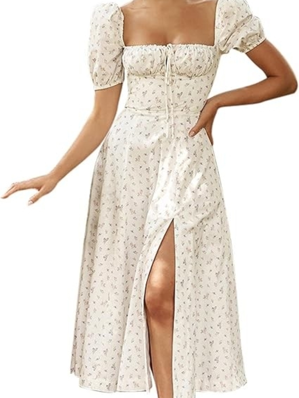 White Floral Milkmaid Puff-Sleeve Midi Dress with Front Slit